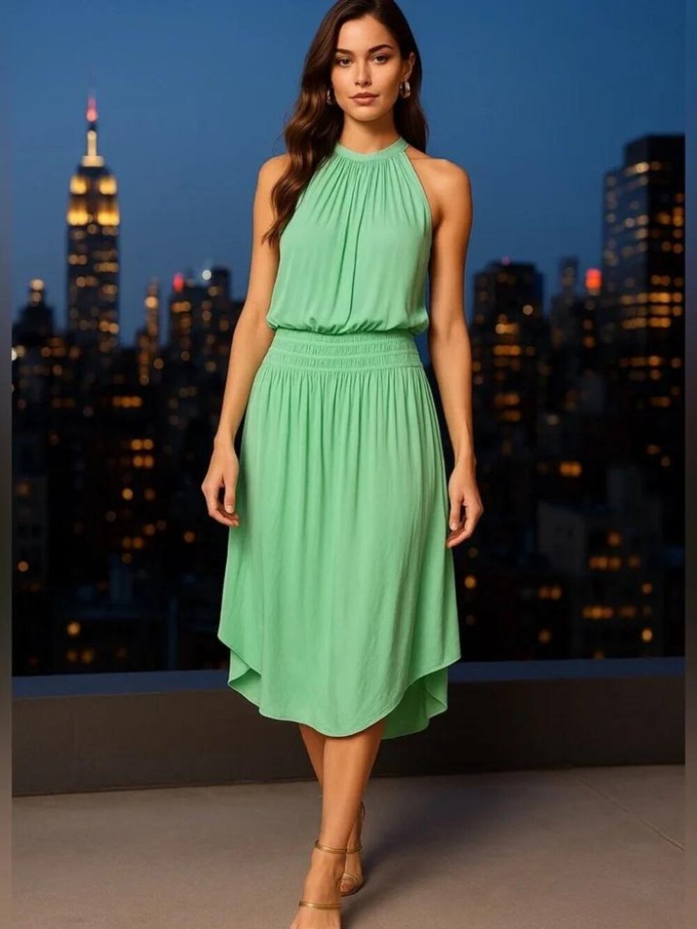Ramy Brook, Audrey Seafoam Pleated Midi Dress, Size L